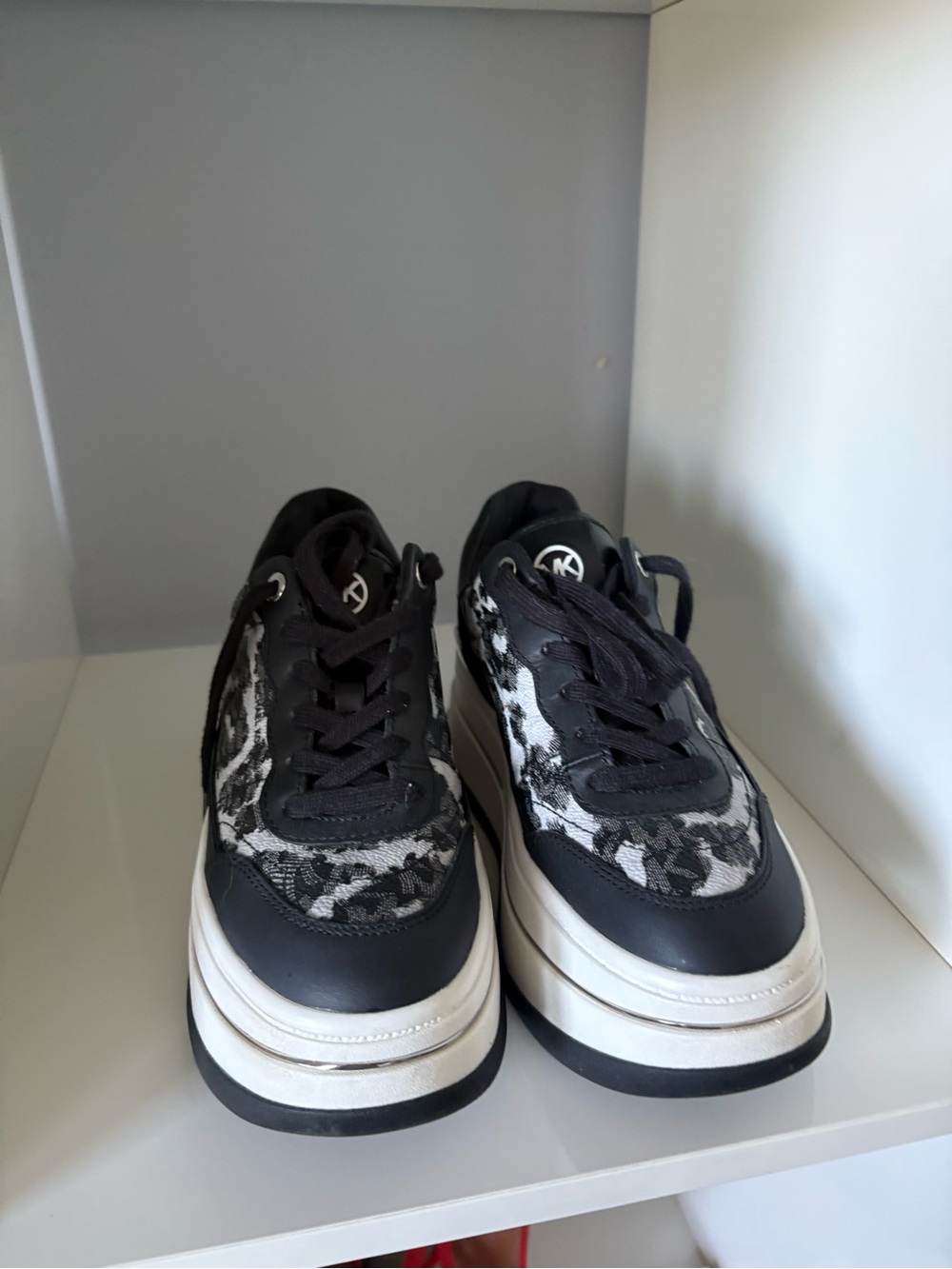 Michael Kors Black and White Lace-Pattern Platform Sneakers